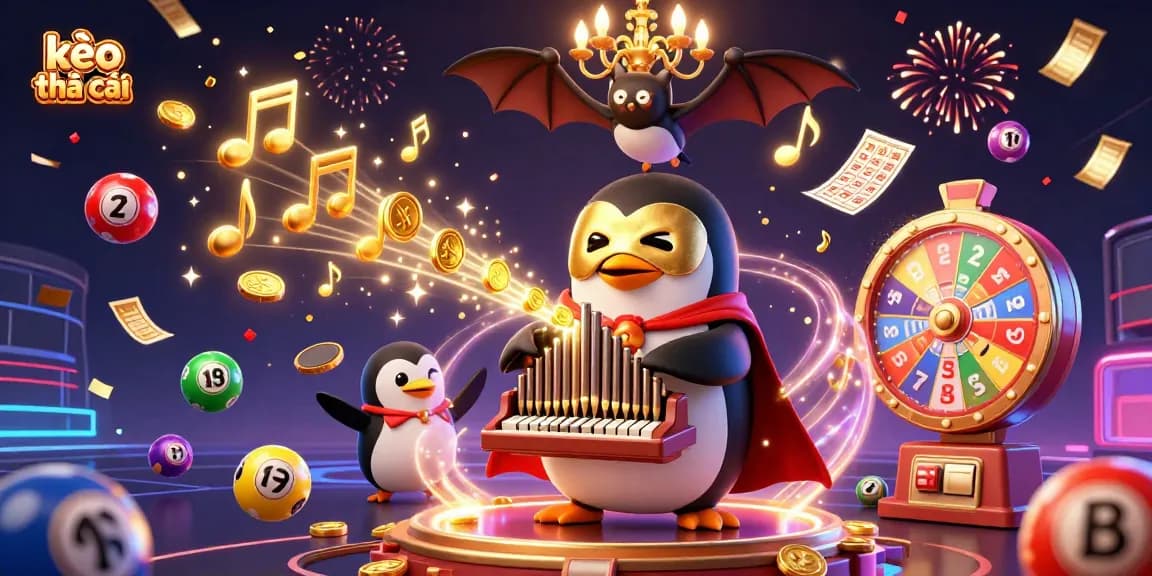 Engage with kèo nhà cái through exciting lottery balls and golden musical elements in a vibrant casino scene