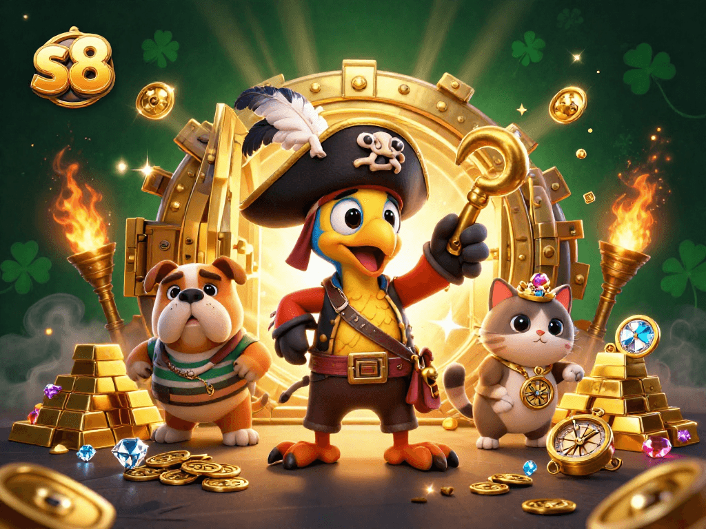 s8 players engage in thrilling online casino adventures with vibrant gold treasures.