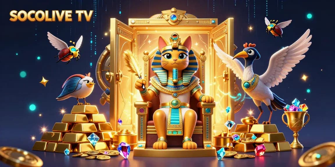 SOCOLIVE TV engages viewers with a vibrant 3D illustration of a cat pharaoh and treasures, showcasing thrilling online gambling.