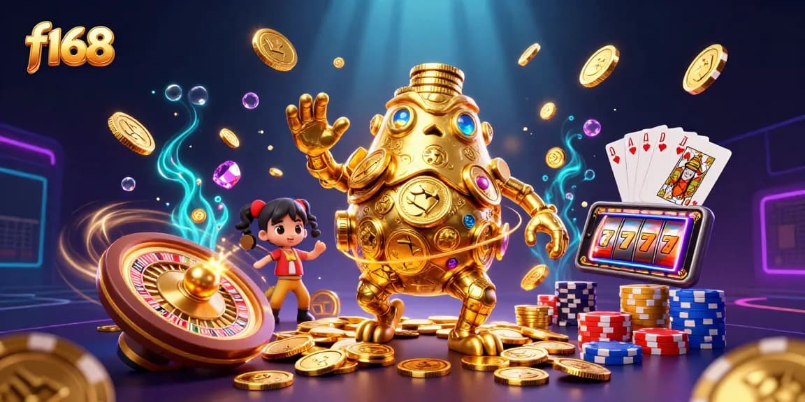 Experience the thrill of gambling with f168's stunning casino illustrations featuring dynamic gold and vibrant lights.