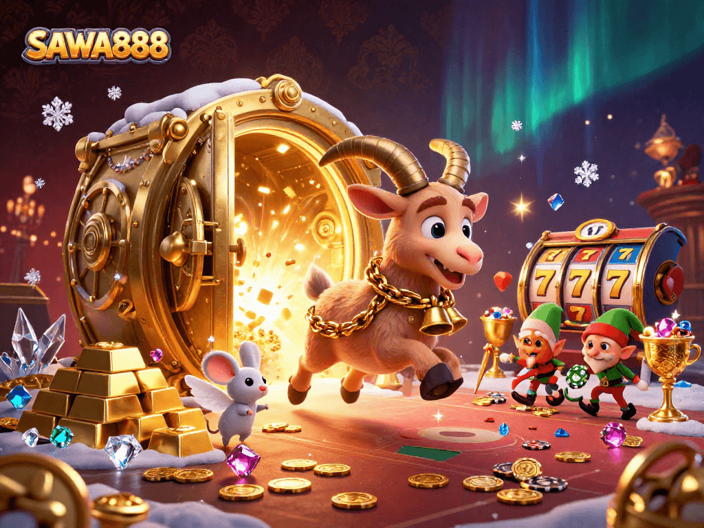 Experience thrilling gameplay at SAWA888's holiday-themed casino with festive characters and dynamic elements.