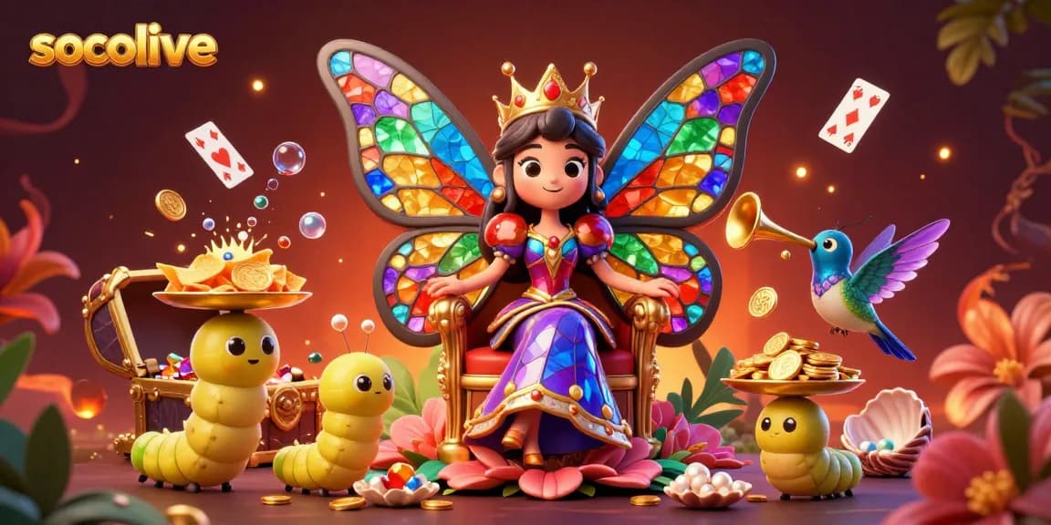 Socolive captures thrilling sports moments with elegant butterfly queen and vibrant casino elements.