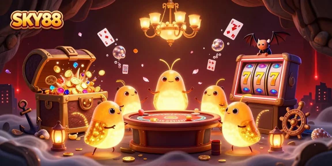 Experience the excitement of SKY88 in a vibrant casino undersea scene with bioluminescent glowworms and slot reels.