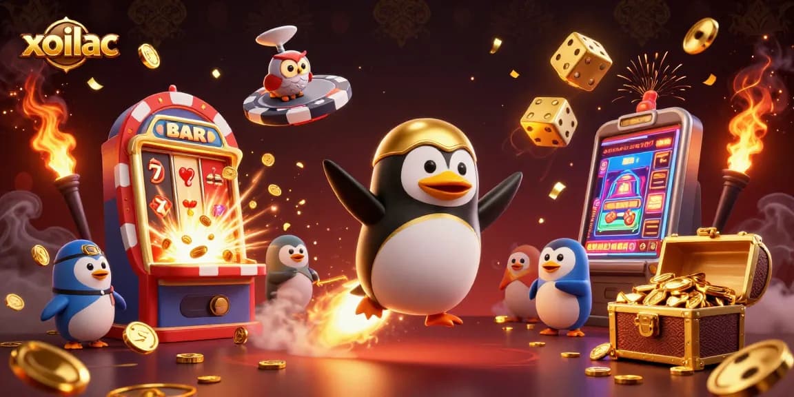 View the vibrant xoilac gaming scene with dynamic characters and casino elements abuzz with excitement.