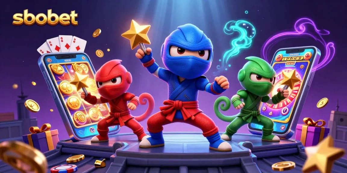 SBOBET offers thrilling gaming experience as chameleon ninjas showcase martial arts in a vibrant casino scene.