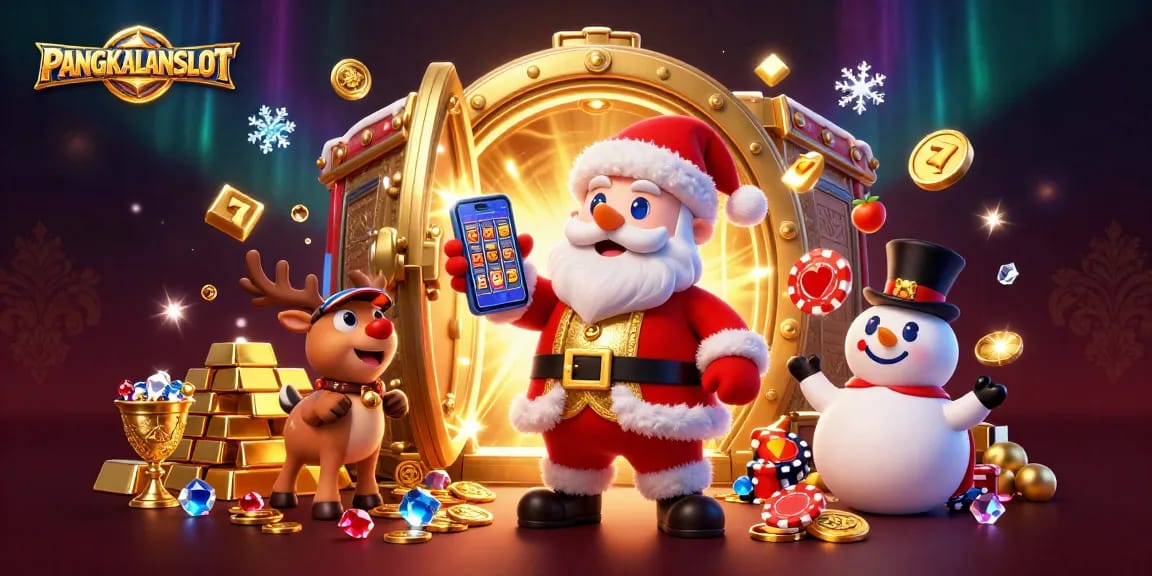 PANGKALANSLOT brings luck with slot reels and treasures in a vibrant festive scene.