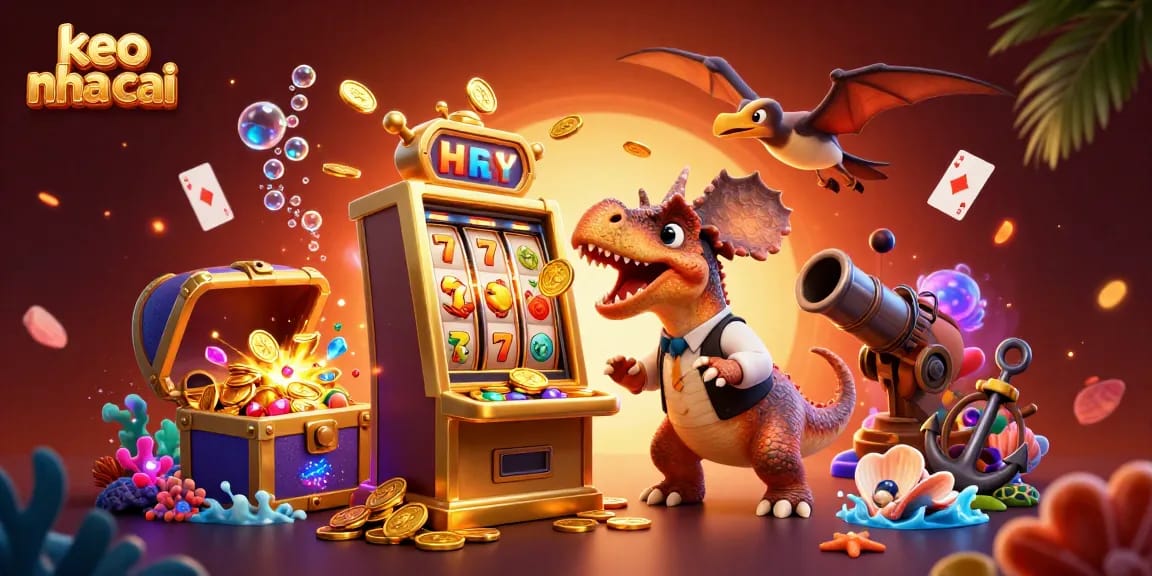 Experience keo nha cai action with a dinosaur-themed casino scene featuring slot machines and golden coins.