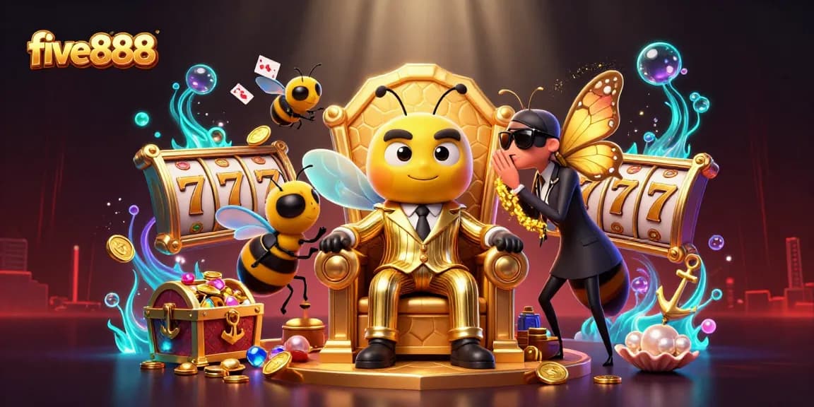 Experience the exciting world of five888 with a vibrant 3D illustration of a bumblebee mob boss in a dynamic casino setting.