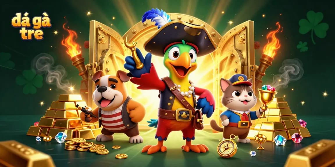 Engaging đá gà tre action scene with lively characters and shimmering gold treasures.