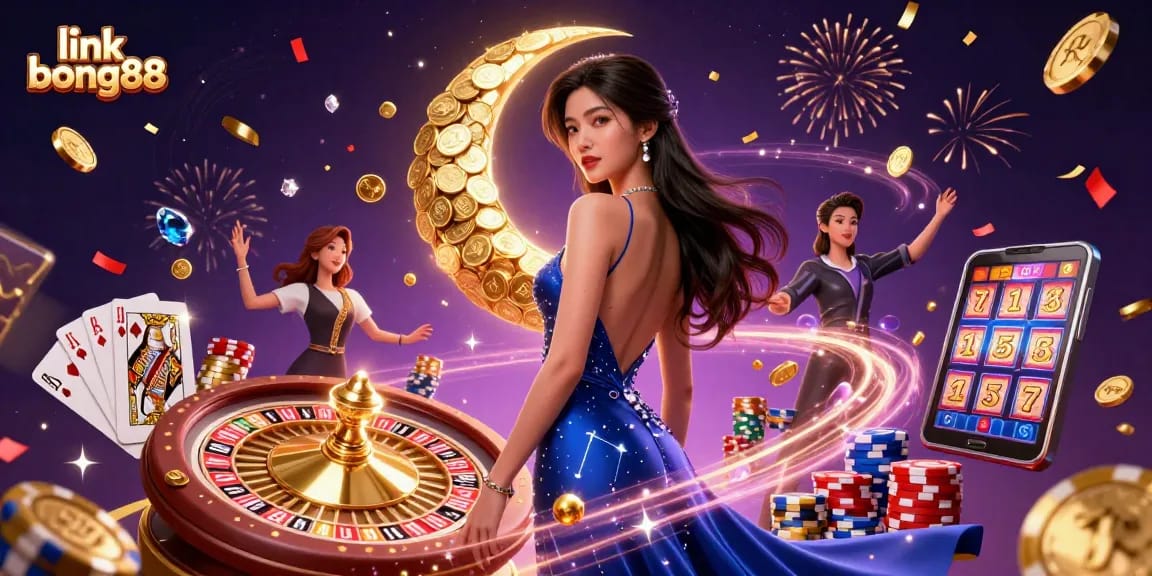 Engage with the thrilling link bong88 experience, featuring a stunning Asian woman in a deep blue gown amidst casino elements.