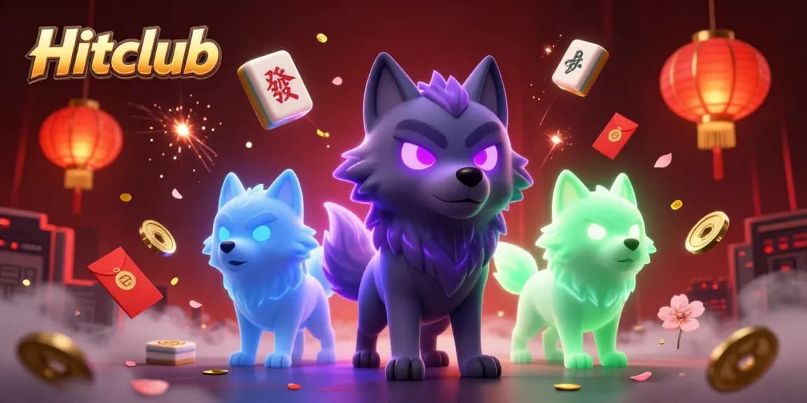 Hitclub players enjoy a vibrant online casino with 3D wolves, fireworks, and floating game elements.