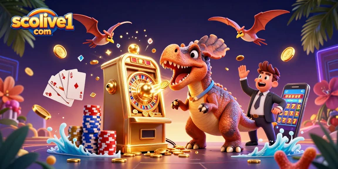 Engaging illustration of socolive1 com, featuring a dinosaur winning jackpots, perfect for the casino theme.