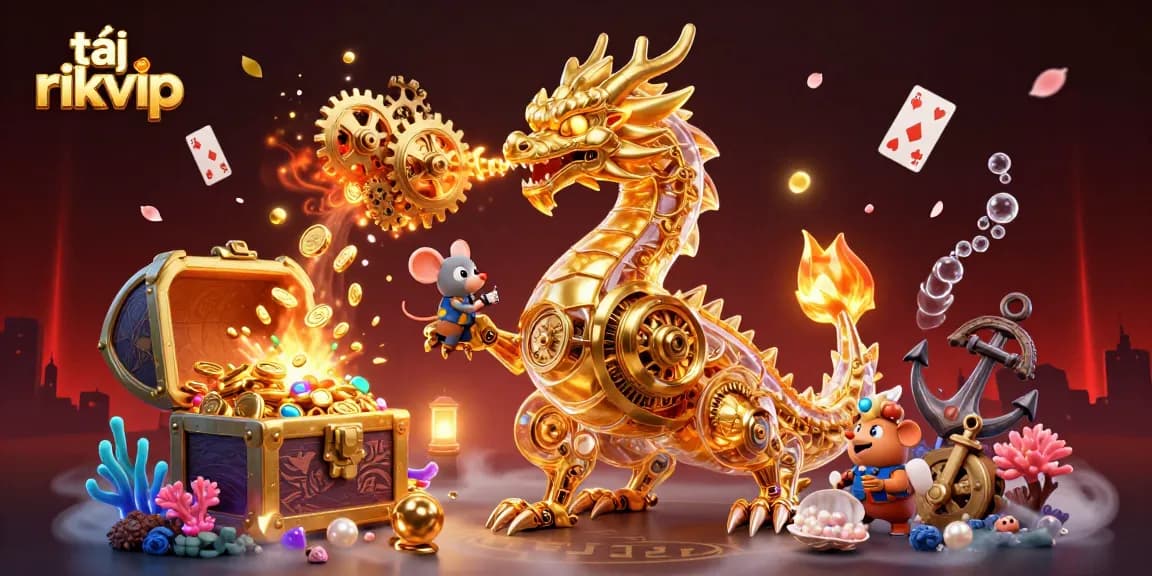 Engage in tải rikvip with a golden dragon and enchanting casino elements in a vibrant scene.