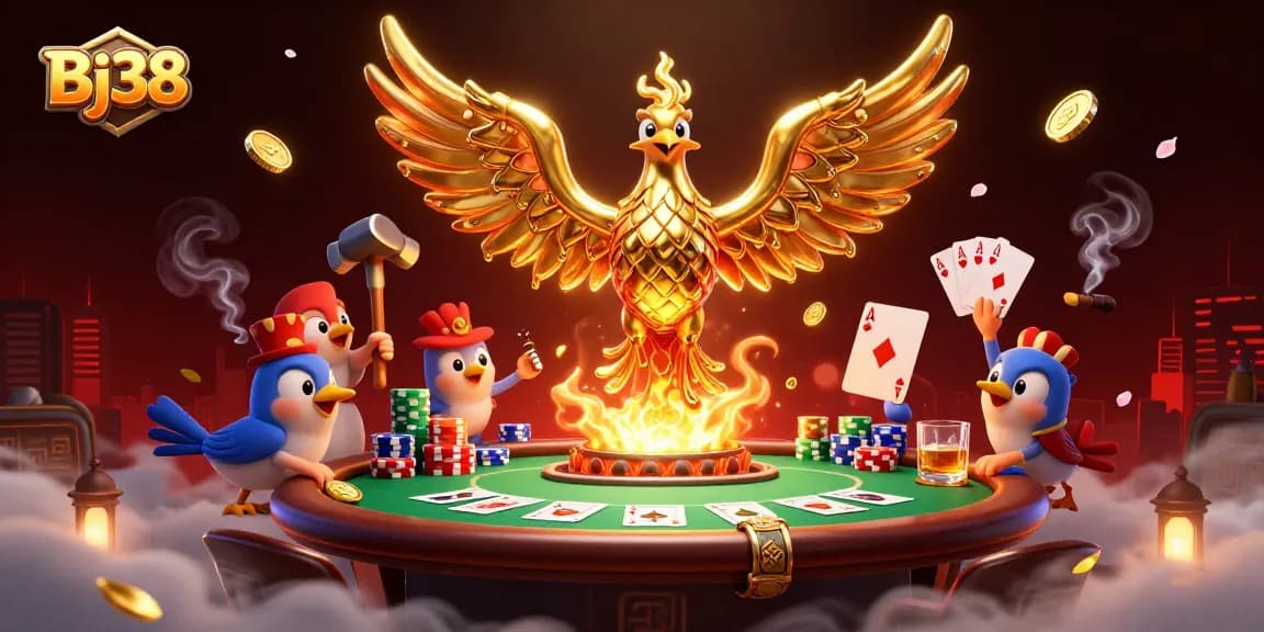 Experience thrilling gaming at Bj38 with a vibrant illustration of a molten phoenix amidst poker elements.