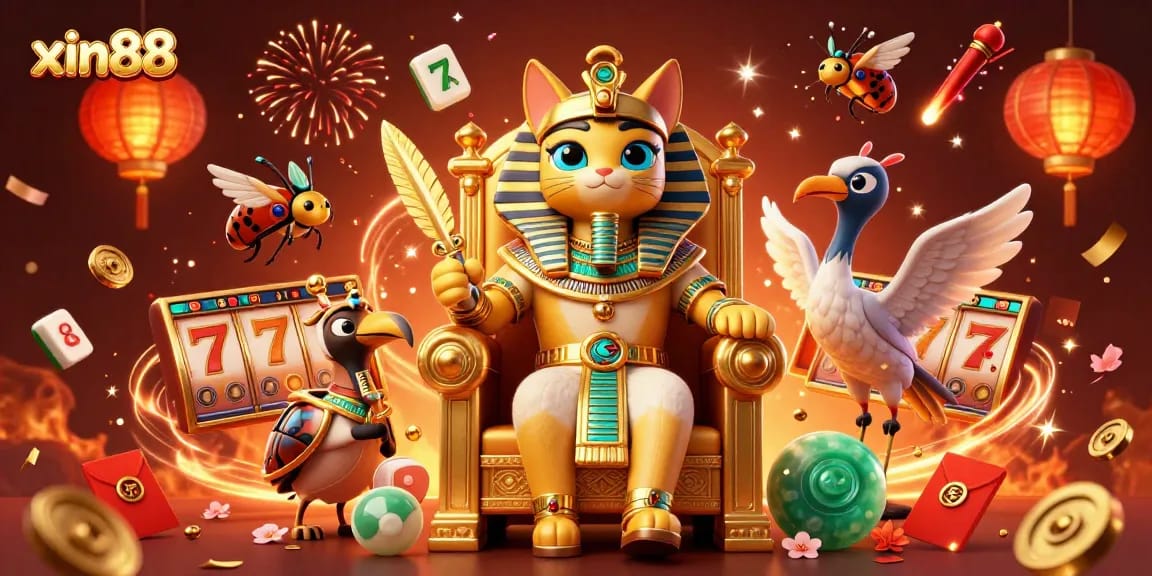 Win big with xin88 as the 3D cartoon pharaoh cat throne scene bustles with slots and bonuses.