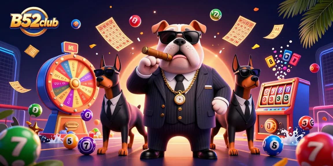B52club offers a dynamic gambling experience with exciting lottery and slot elements in an illustrative casino scene.