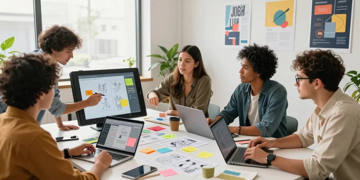 Diverse team collaborating on a mix board project with colorful designs and digital devices in a modern office.