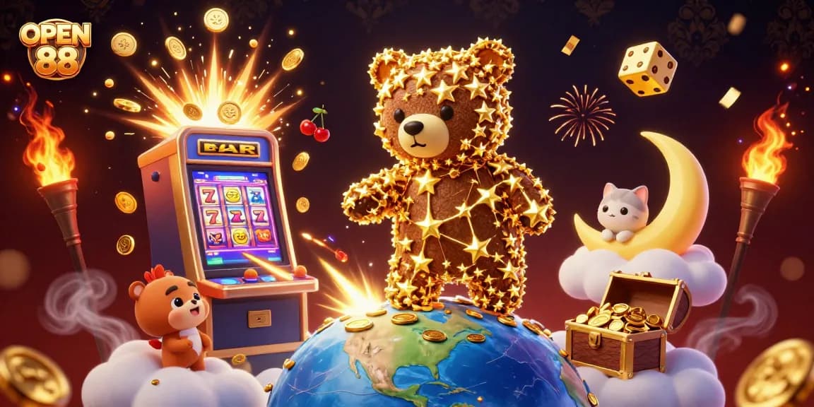 Experience the thrill of OPEN 88 casino with a dazzling digital illustration showcasing rich gameplay elements.