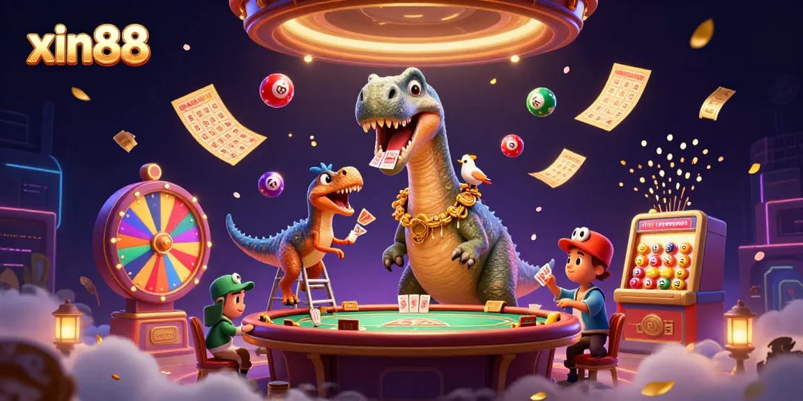 Join xin88 in a dynamic casino scene featuring a playful brontosaurus and clever raptor managing cards.