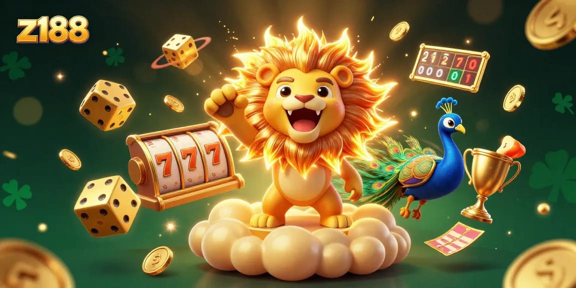 Experience the thrill of z188 with a vibrant 3D illustration showcasing dynamic casino elements.