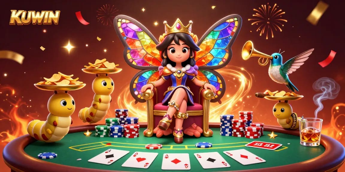 Engage with KUWIN's vibrant casino atmosphere featuring a butterfly queen and poker chips.
