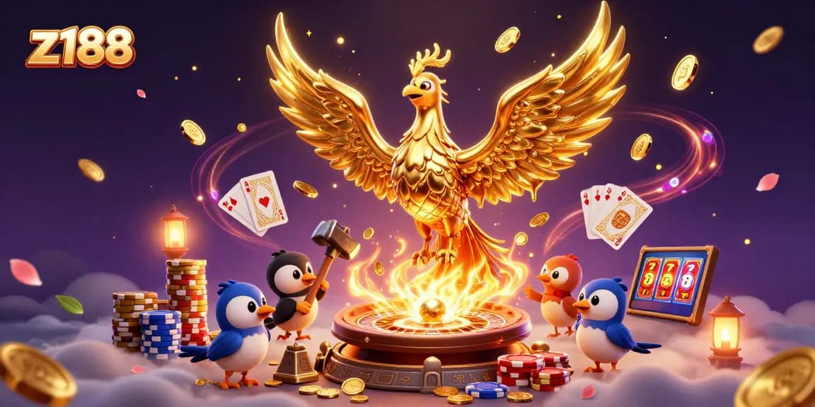 Experience the excitement of z188 with a dynamic, casino-themed 3D rendering showcasing games and golden treasures.