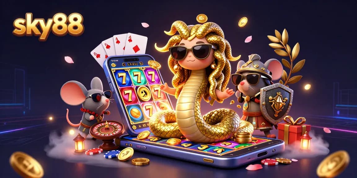 Engage with thrilling casino fun at sky88 featuring a cartoon Medusa, a warrior mouse, and exciting slot game elements.