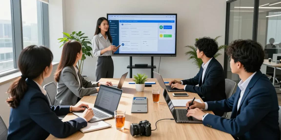 Team discussing remote call control solutions in a modern office setting, showcasing collaboration and technology in 2026.