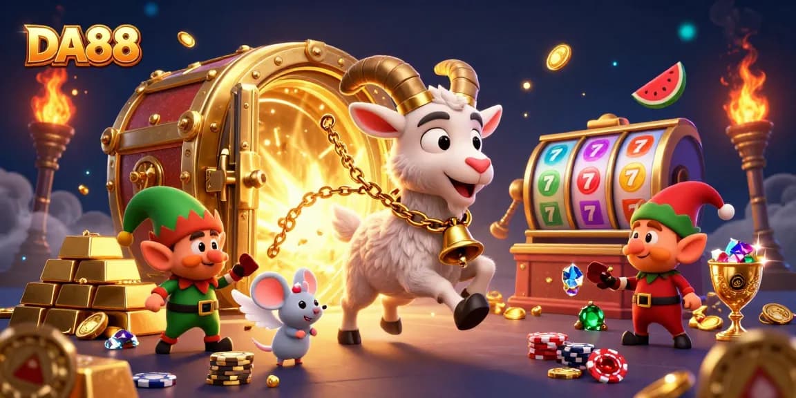 Spin the DA88 slot reels in a festive horror casino with a Krampus goat, angel mouse, and elf gremlins.
