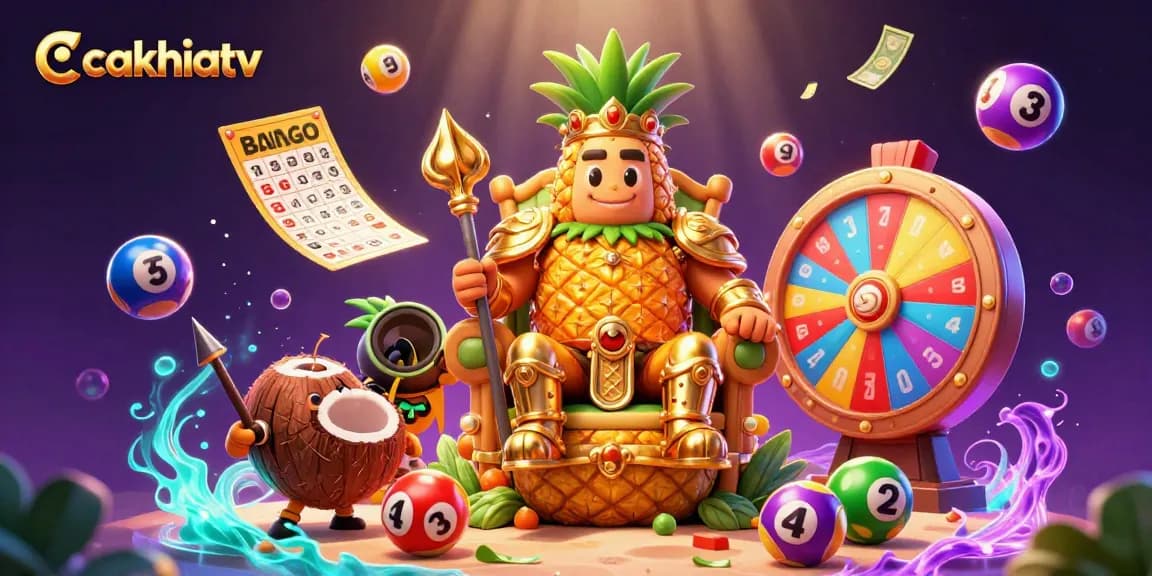 Cakhiatv showcases thrilling lottery action with a golden pineapple king, beach casino, and vibrant elements in motion.