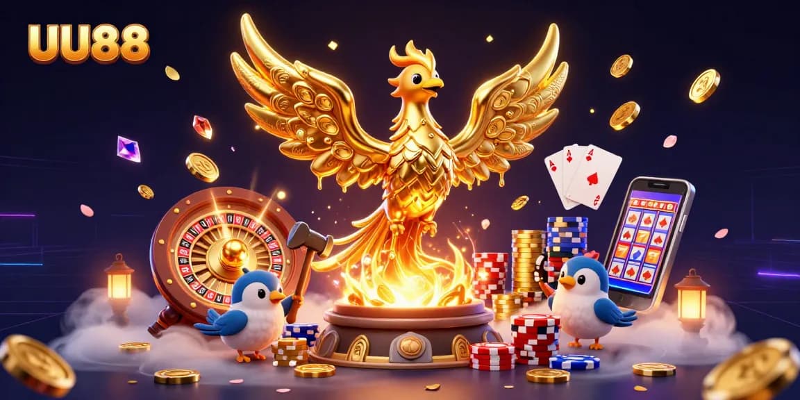 Experience the thrill of casino gaming with UU88's dynamic golden phoenix and vibrant gambling elements.