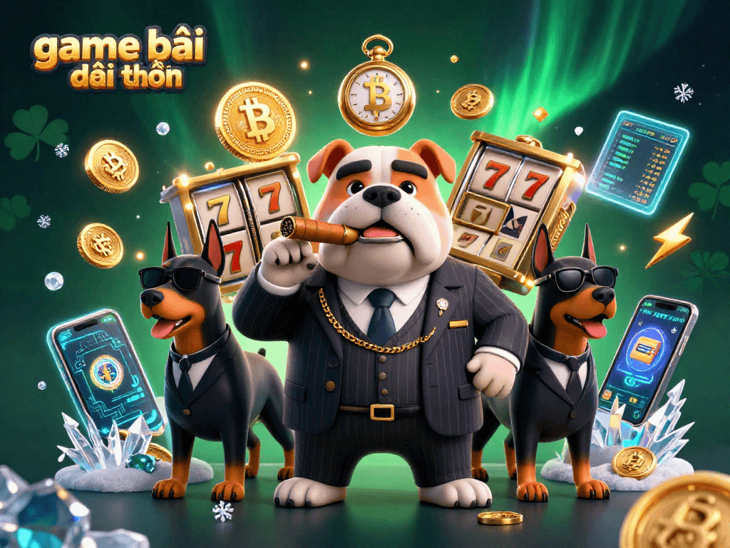Experience game bài đổi thưởng with a mafia boss bulldog and crypto elements in a vibrant casino setting.