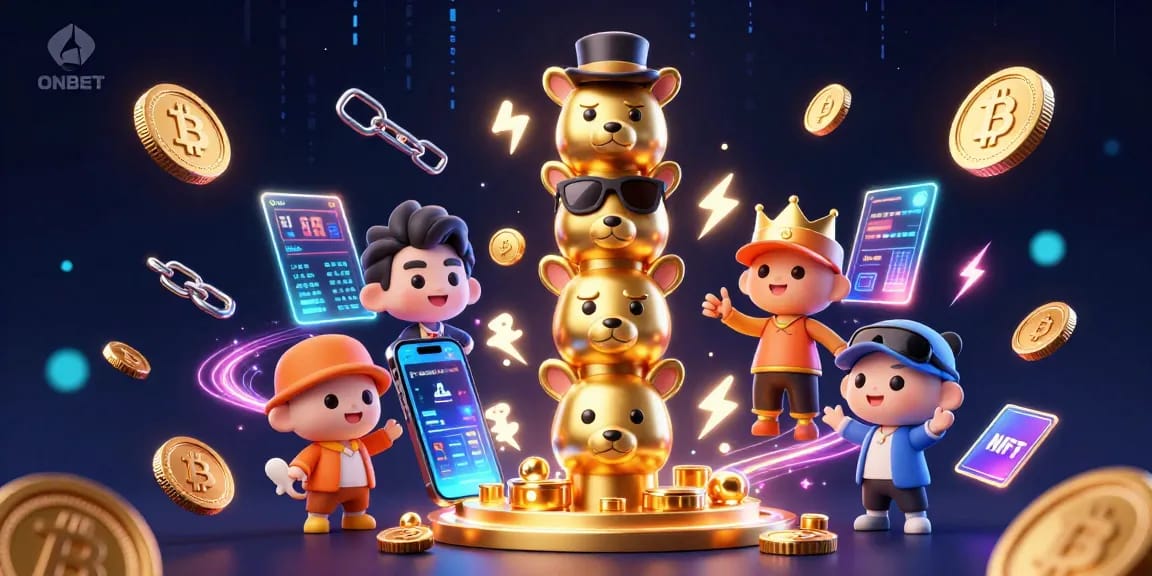 Experience thrilling gameplay with ONBET's vibrant characters amid Bitcoin and Ethereum coins.