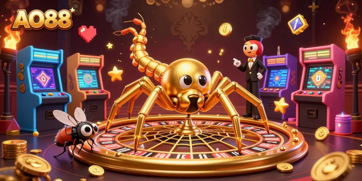 Try your luck at AO88 with a whimsical casino scene featuring a golden spider and a centipede croupier spinning bets.