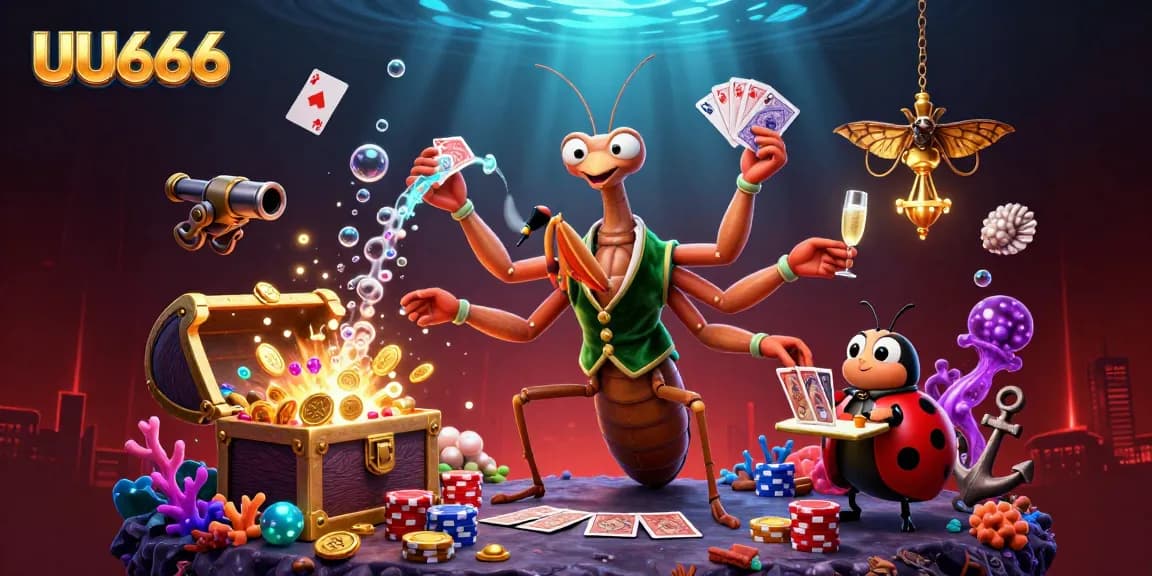UU666 showcases an energetic scene with a giant praying mantis dealer managing cards and chips in a vibrant casino underwater.