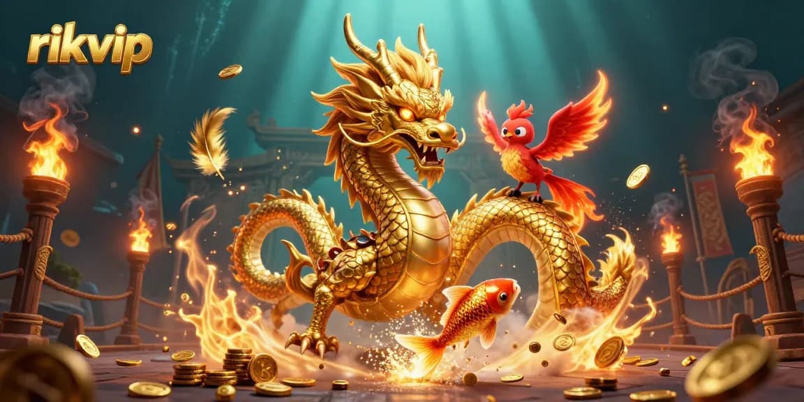 Bet on rikvip and win with epic golden dragon, phoenix, and koi fish in magical casino scene.