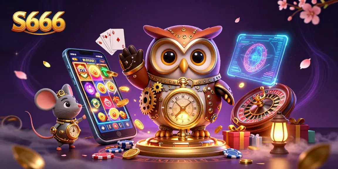 S666 features a dynamic illustration of a time-traveling owl character, surrounded by spirited casino elements, symbolizing exciting online gambling experiences.