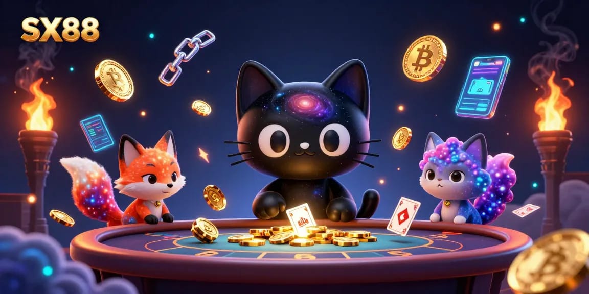 SX88 cosmic casino scene featuring a black hole cat attracting chips and cards, with digital elements.