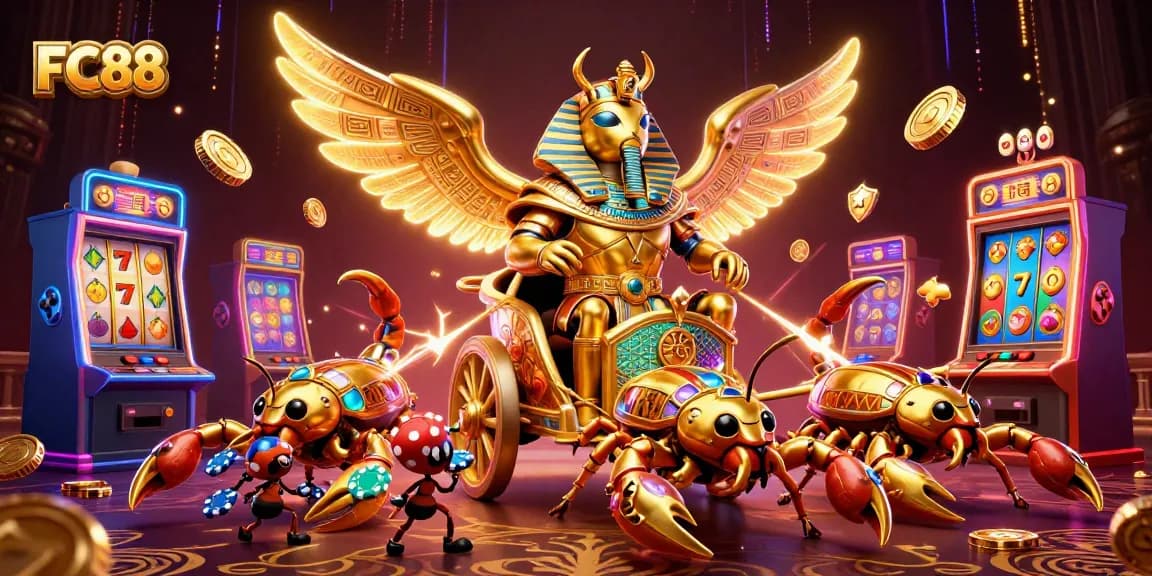 Engage with FC88 as the golden beetle leads in a vibrant casino scene filled with slots and neon elements.