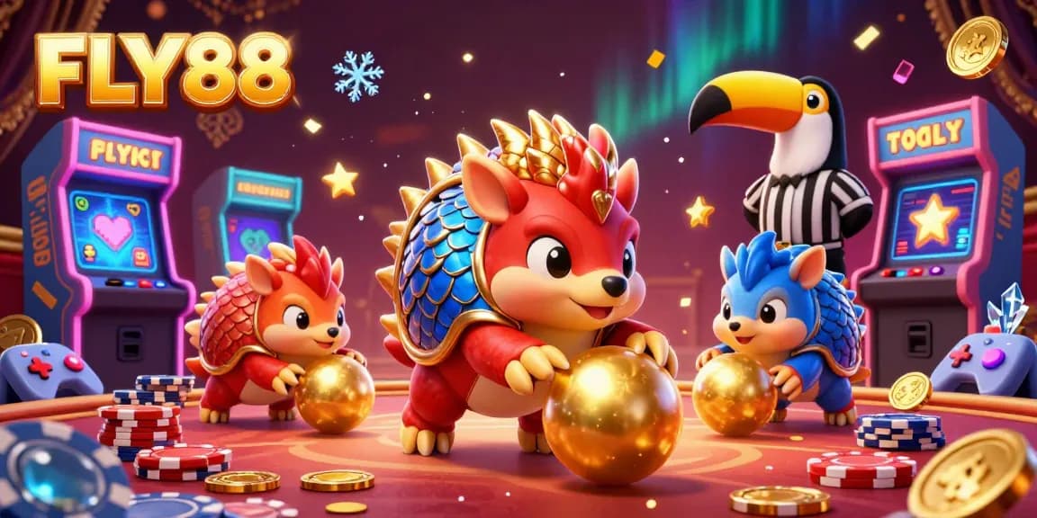 FLY88 pangolins compete in a vibrant casino scene, rolling chips and collecting golden prizes.