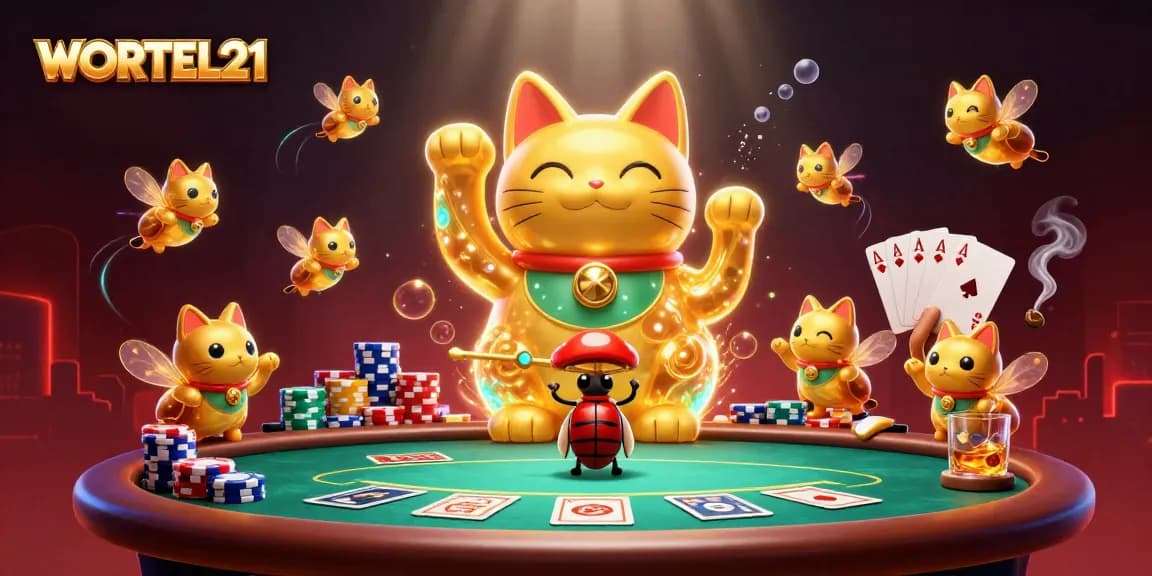 WORTEL21 showcases a vibrant casino scene with a giant lucky cat composed of golden fireflies.