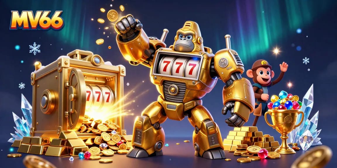 MV66 energizes players with a dynamic golden gorilla mech and treasures exploding in a vibrant scene.
