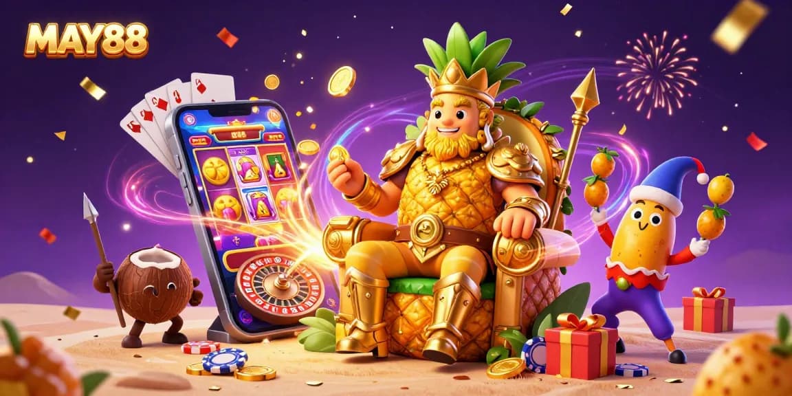MAY88 highlights a dynamic casino scene with a golden pineapple king and vibrant slot game action.