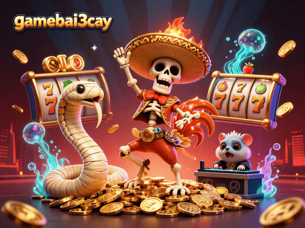 Experience the thrill of gamebai3cay with vibrant casino characters celebrating amidst golden coins.
