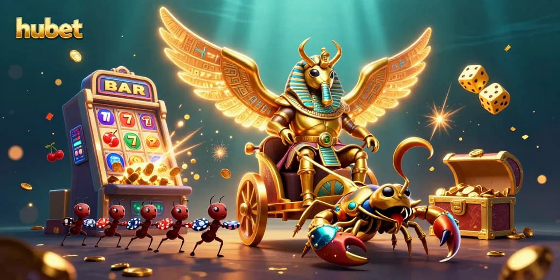 Experience hubet's casino fun with a vibrant 3D scene showcasing a golden pharaoh beetle and gaming elements.