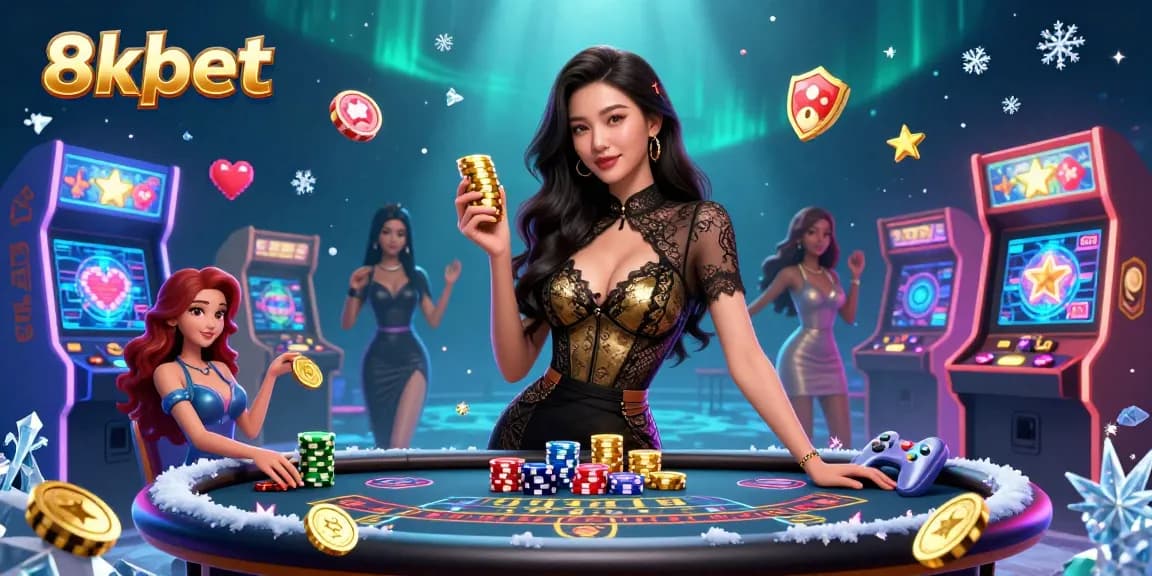 Experience high-stakes gambling with 8xbet at a VIP baccarat table featuring vibrant arcade elements.