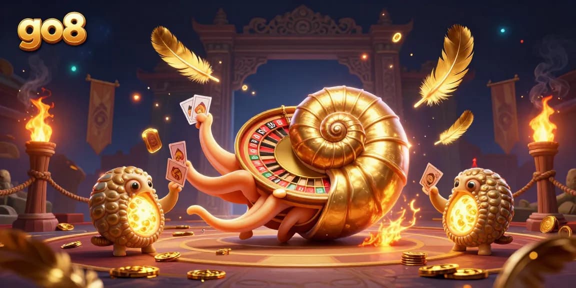 Experience the thrilling action of go8 with a giant nautilus roulette wheel surrounded by glowing cards and game elements.