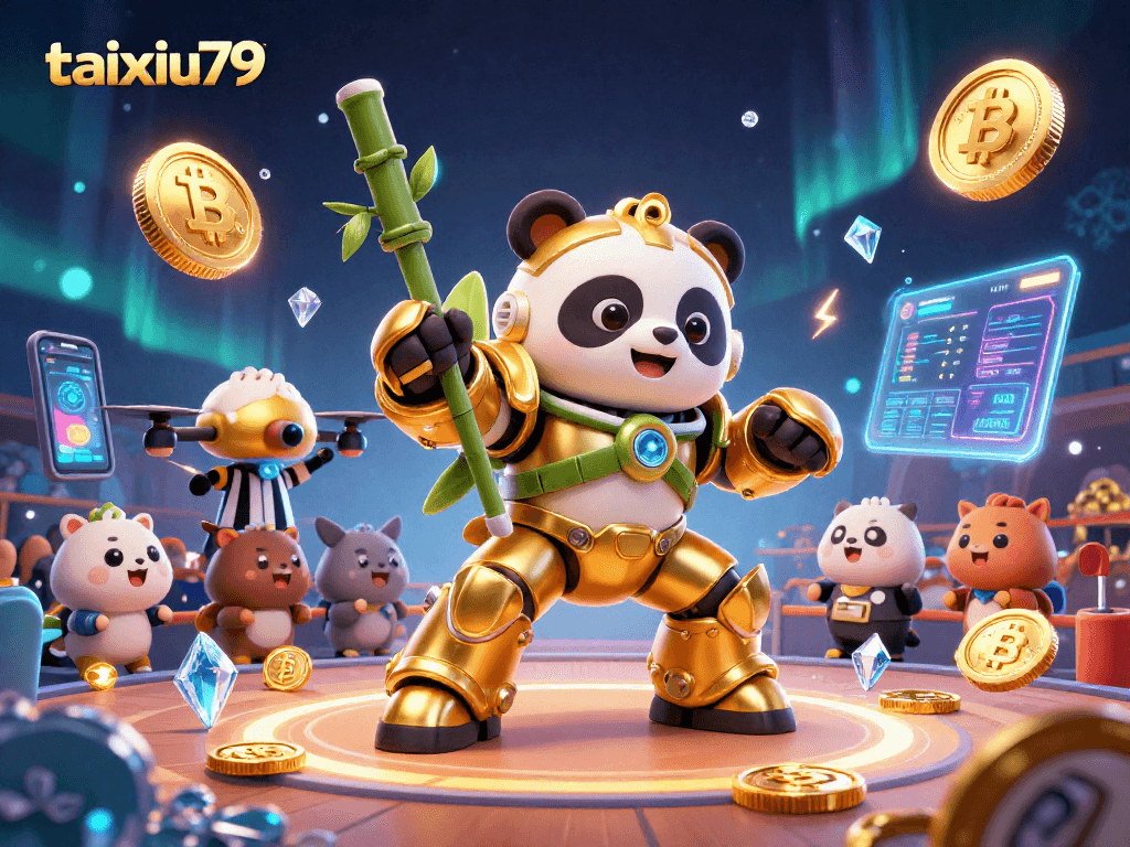 Experience the thrill of taixiu79 with a golden panda piloting a dynamic bamboo robot in a vibrant casino!