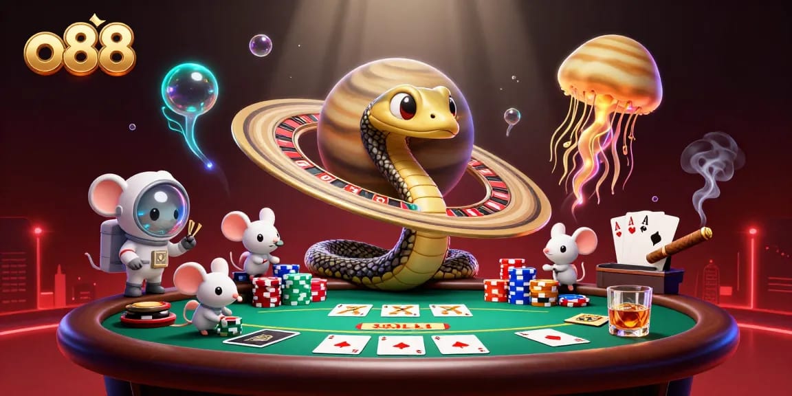 Experience the thrilling gaming world of o88 with a vibrant cosmic illustration of cartoon characters and casino elements.