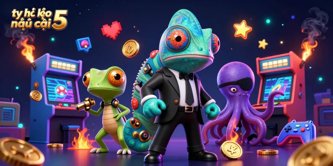 Engage with tỷ lệ kèo nhà cái 5 through a vibrant 3D casino adventure scene featuring colorful game elements and lively characters.